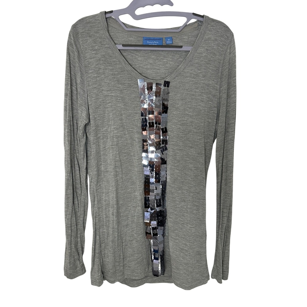 Simply Vera Vera Wang Womens Gray Sequin Long Sleeve V-Neck Top Size M Rayon
